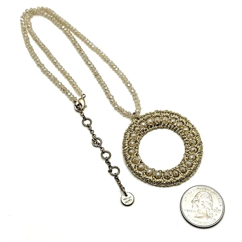 MARLYN SCHIFF Woven Pendant Necklace Faux Pearl Crystal Round Statement 18